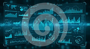 Futuristic digital interface displaying multiple data visualizations. Includes line graphs,