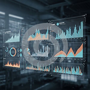 Futuristic digital interface displaying multiple data visualizations, including bar charts,