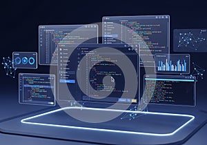 Futuristic digital interface displaying multiple floating