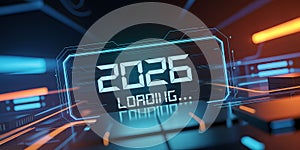 Futuristic digital interface displaying 2026 new year LOADING