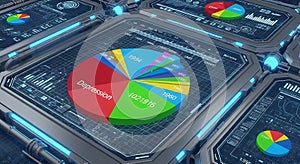 Futuristic digital interface displaying pie charts with data and graphs, representing analytics