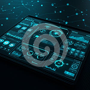 Futuristic digital interface displaying a range of data visualizations and analytics. The