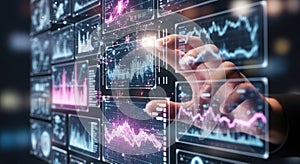 Futuristic digital interface displaying real-time financial data and analytics with a hand interacting