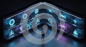 Futuristic digital interface displaying scientific data and innovation with person observing