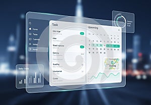 A futuristic digital interface displaying a task management application