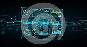 Futuristic digital interface displaying a variety of data visualizations
