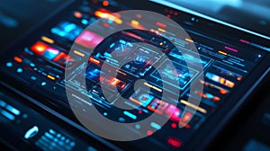 Futuristic digital interface displaying various data analyses in a high-tech environment