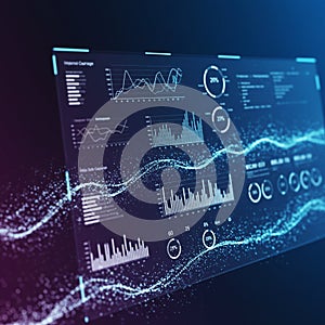 Futuristic digital interface displaying various data analytics, including line graphs, bar