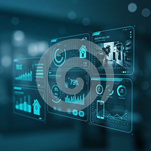 Futuristic digital interface displaying various data sets and analytics. Multiple panels