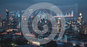 Futuristic digital interface displaying various data visualizations against a blurred