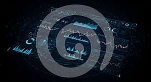 Futuristic digital interface displaying various data visualizations and analytics.