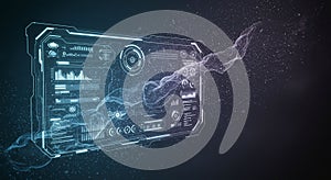 Futuristic digital interface displaying various data visualizations and graphs. It