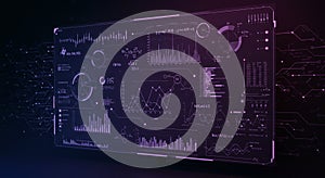 Futuristic digital interface displaying various data visualizations and graphs, including