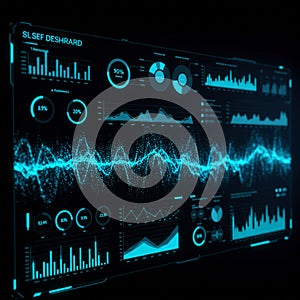 Futuristic digital interface displaying various data visualizations. Includes bar graphs