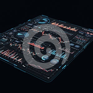 Futuristic digital interface displaying various data visualizations. Includes multiple