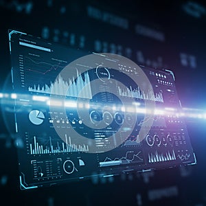 A futuristic digital interface displaying various data visualizations, including bar