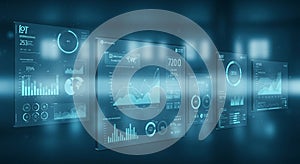 Futuristic digital interface displaying various data visualizations, including bar graphs,