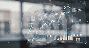 Futuristic digital interface displaying various data visualizations, including bar and line