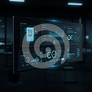 Futuristic digital interface displaying various data visualizations, including graphs,