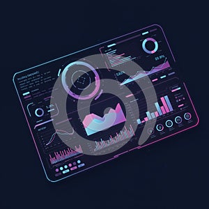 Futuristic digital interface displaying various data visualizations including line charts
