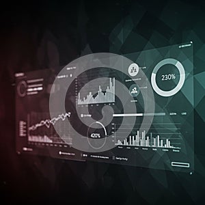 Futuristic digital interface displaying various data visualizations, including line graph