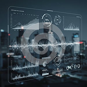 Futuristic digital interface displaying various data visualizations, including line graph