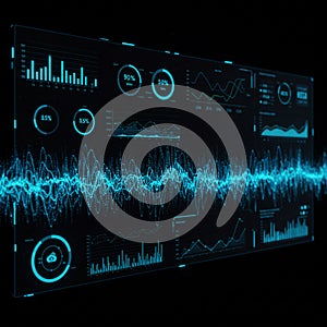 Futuristic digital interface displaying various data visualizations, including line graph