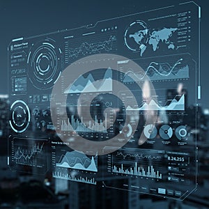 Futuristic digital interface displaying various data visualizations, including line graph
