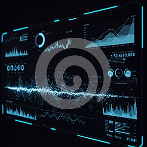 Futuristic digital interface displaying various data visualizations, including line graphs,
