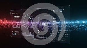Futuristic digital interface displaying various data visualizations, including pie charts,