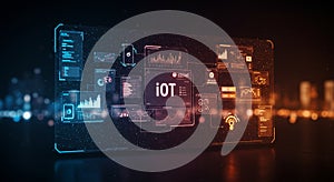 Futuristic digital interface displaying various data visualizations related to IoT