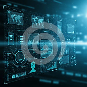 Futuristic digital interface displaying various data visualizations. Screens feature