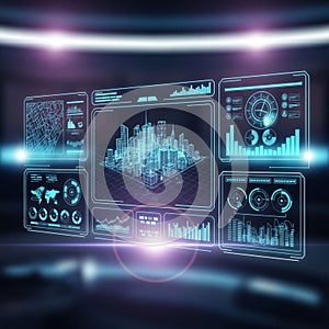 Futuristic digital interface displaying a virtual cityscape in a 3D