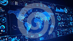 Futuristic digital interface displaying a world map with data visualizations.