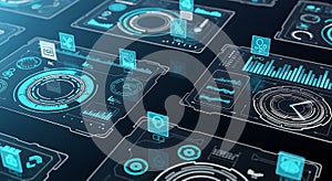 Futuristic Digital Interface Displays with Blue Glowing Data and Graphs technology