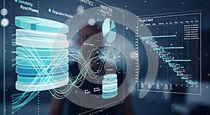Futuristic digital interface displays complex data analytics, charts, and project timelines