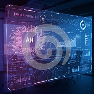 A futuristic digital interface displays complex data analytics, featuring graphs, charts,