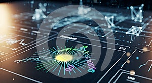 Futuristic digital interface displays complex data visualization with graphs and charts
