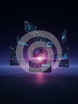 Futuristic digital interface displays with data visualizations and circular graphs floating in a dark, glowing environment