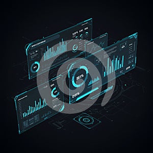 Futuristic digital interface displays float against a dark background. The holographic