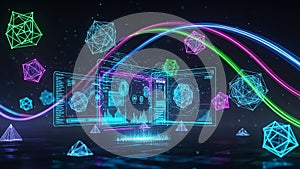 Futuristic digital interface with glowing geometric shapes and data visualizations technology