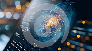 Futuristic digital interface displays glowing security network with interconnected data points. Ideal for cybersecurity