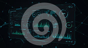 A futuristic digital interface displays a variety of data visualizations, including line and