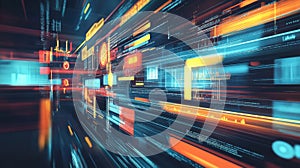 Futuristic Digital Interface with Dynamic Data Streams and Vibrant Neon Colors