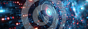 The futuristic digital interface features a glowing core and intricate circuitry design