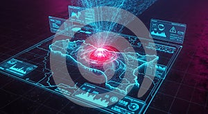 Futuristic digital interface with global map, data network, and glowing red elements on dark grid background