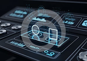 A futuristic digital interface features holographic