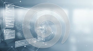 A futuristic digital interface features a transparent screen overlay, displaying complex