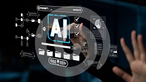 Futuristic Digital Interface featuring AI Technology and Data Analysis with Hands Interacting with Interactive Elements