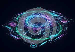 Futuristic digital interface featuring a central circular design